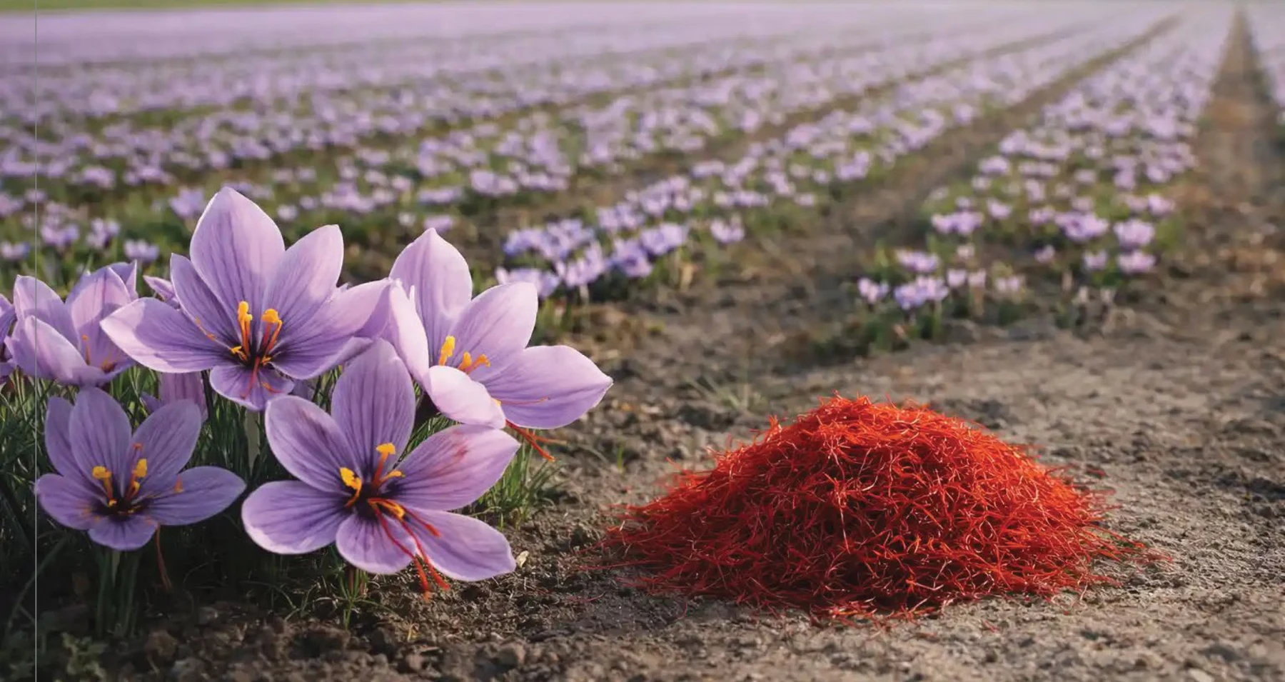 Purple saffron flowers and crimson threads in a saffron field